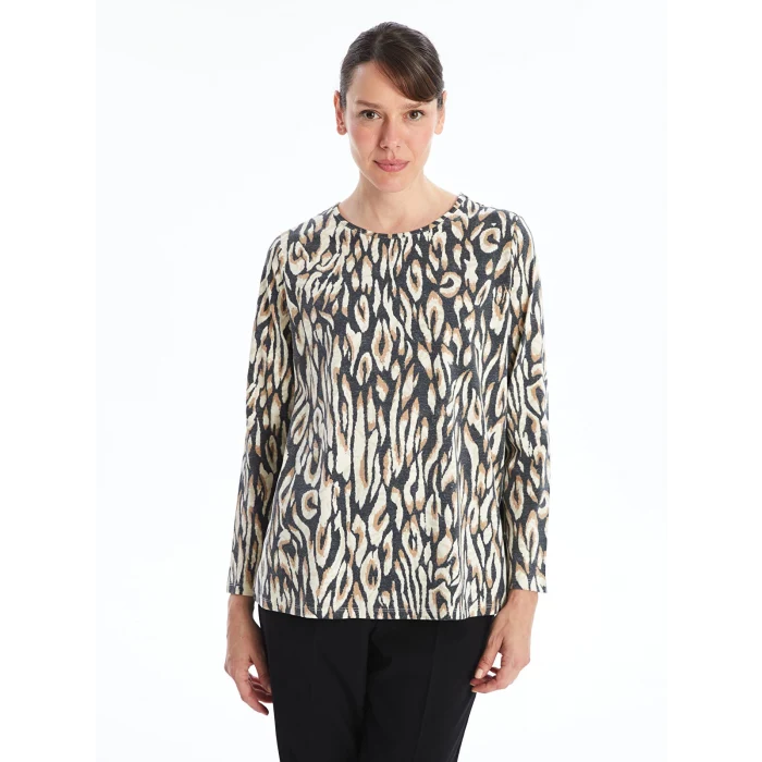 LCW Grace BEJ Bisiklet Yaka Desenli Kadın Tişört