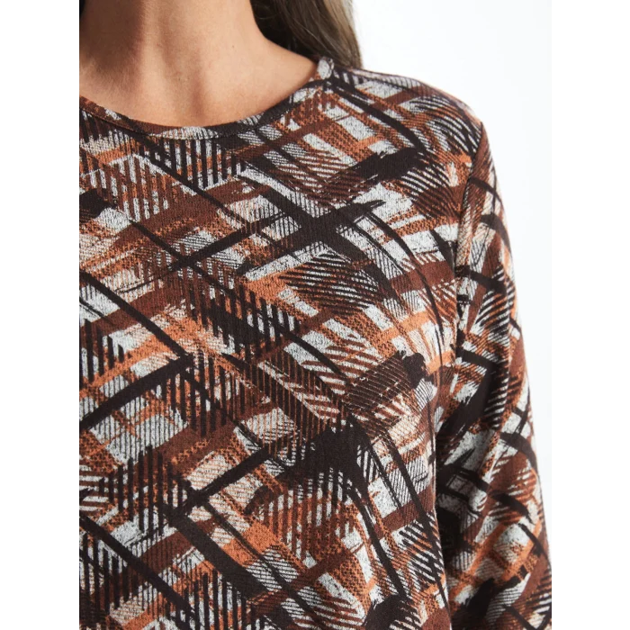 LC WAIKIKI KAHVERENGİ Bisiklet Yaka Desenli Uzun Kollu Kadın Bluz