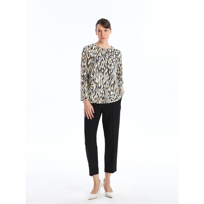 LCW Grace BEJ Bisiklet Yaka Desenli Kadın Tişört