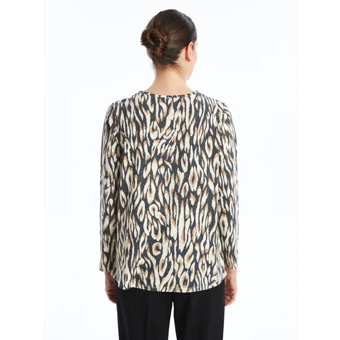 LCW Grace BEJ Bisiklet Yaka Desenli Kadın Tişört