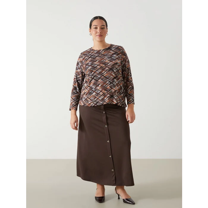 LC WAIKIKI KAHVERENGİ Bisiklet Yaka Desenli Uzun Kollu Kadın Bluz