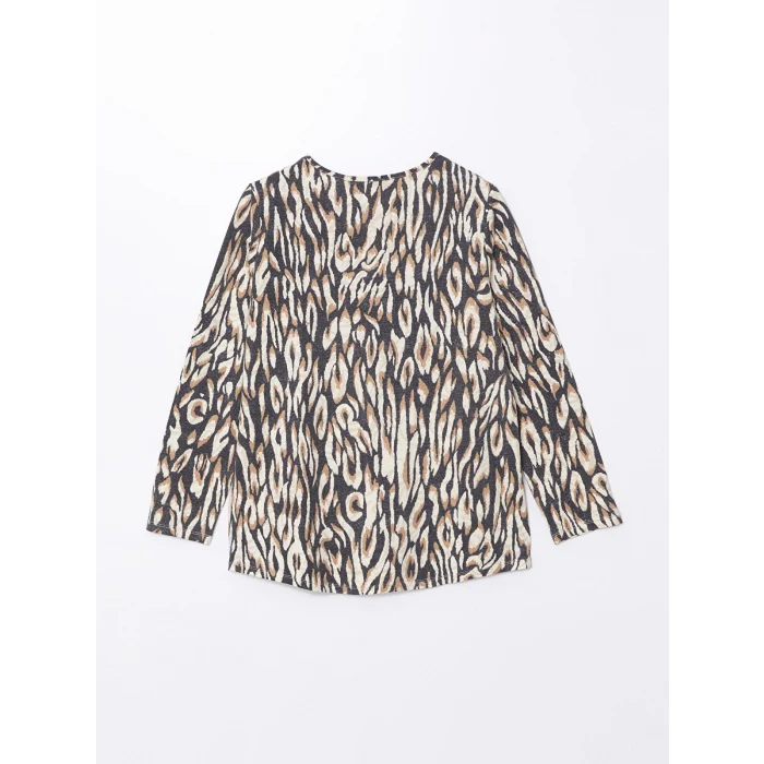 LCW Grace BEJ Bisiklet Yaka Desenli Kadın Tişört