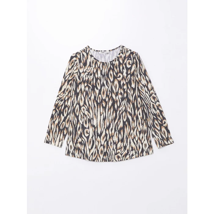 LCW Grace BEJ Bisiklet Yaka Desenli Kadın Tişört