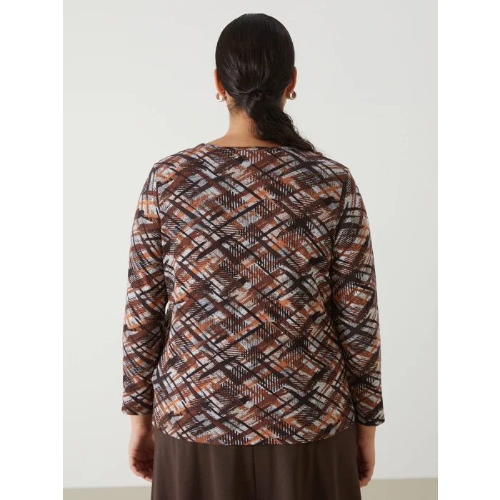 LC WAIKIKI KAHVERENGİ Bisiklet Yaka Desenli Uzun Kollu Kadın Bluz