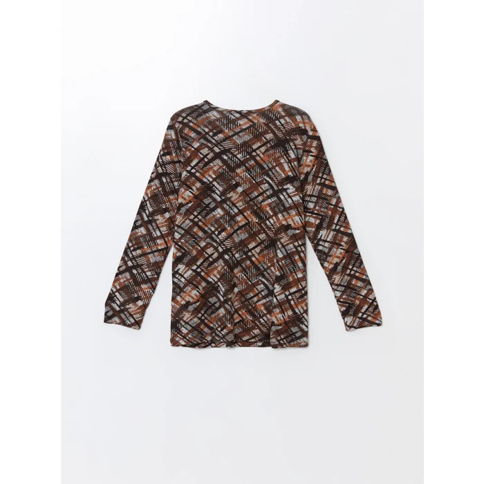 LC WAIKIKI KAHVERENGİ Bisiklet Yaka Desenli Uzun Kollu Kadın Bluz