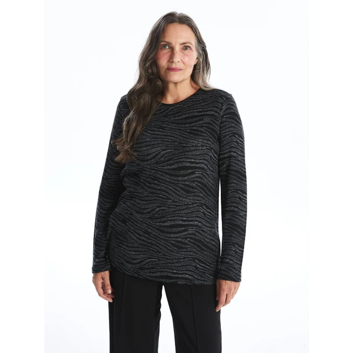 LC WAIKIKI SİYAH Bisiklet Yaka Desenli Uzun Kollu Kadın Bluz