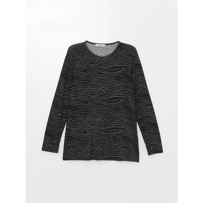 LC WAIKIKI SİYAH Bisiklet Yaka Desenli Uzun Kollu Kadın Bluz