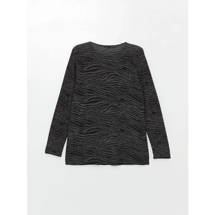 LC WAIKIKI SİYAH Bisiklet Yaka Desenli Uzun Kollu Kadın Bluz