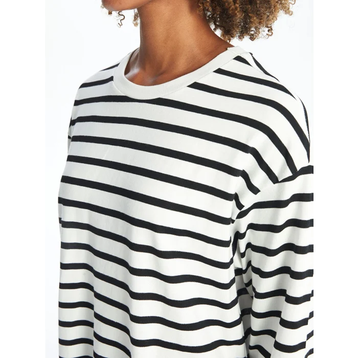 XSIDE EKRU Bisiklet Yaka Çizgili Uzun Kollu Kadın Tişört