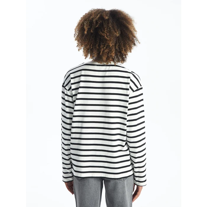 XSIDE EKRU Bisiklet Yaka Çizgili Uzun Kollu Kadın Tişört