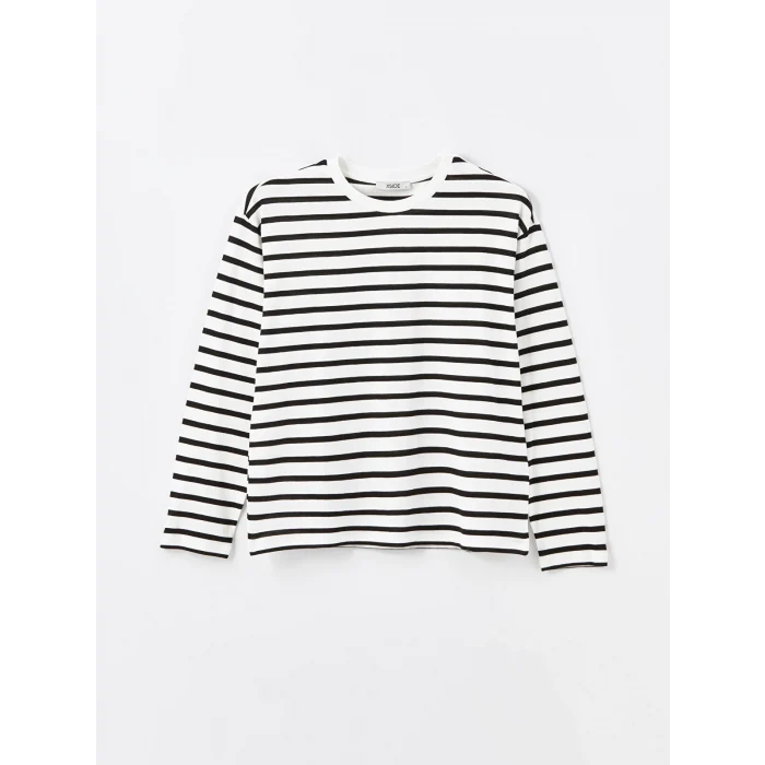 XSIDE EKRU Bisiklet Yaka Çizgili Uzun Kollu Kadın Tişört