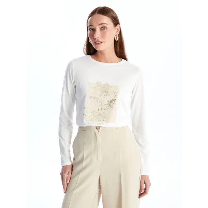 LCWAIKIKI Basic EKRU Bisiklet Yaka Baskılı Uzun Kollu Kadın Tişört