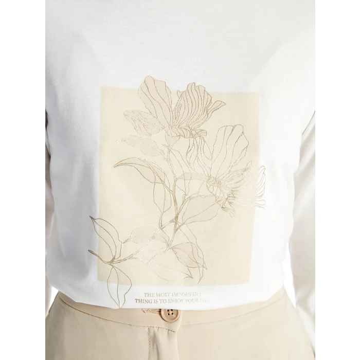 LCWAIKIKI Basic EKRU Bisiklet Yaka Baskılı Uzun Kollu Kadın Tişört