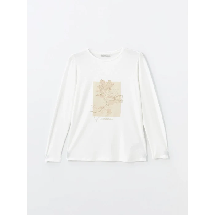 LCWAIKIKI Basic EKRU Bisiklet Yaka Baskılı Uzun Kollu Kadın Tişört