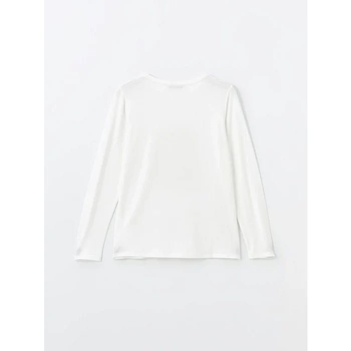 LCWAIKIKI Basic EKRU Bisiklet Yaka Baskılı Uzun Kollu Kadın Tişört