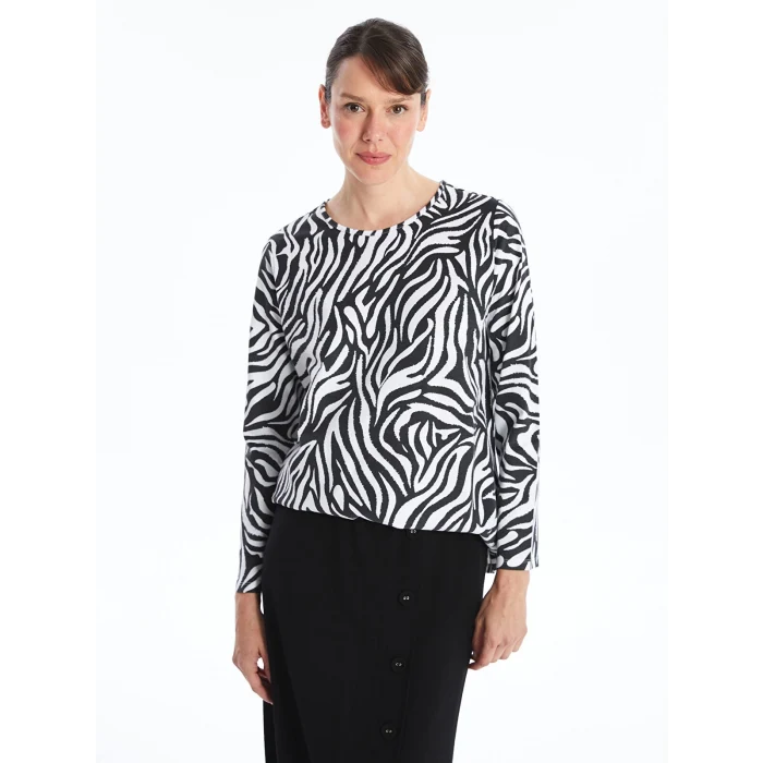 LCW Grace SİYAH Bisiklet Yaka Desenli Kadın Tişört