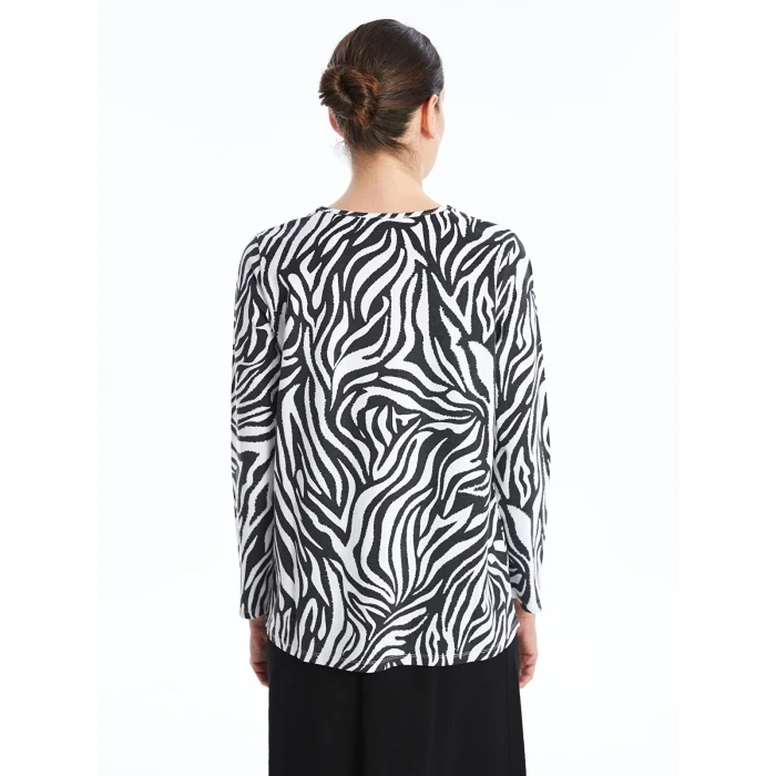 LCW Grace SİYAH Bisiklet Yaka Desenli Kadın Tişört