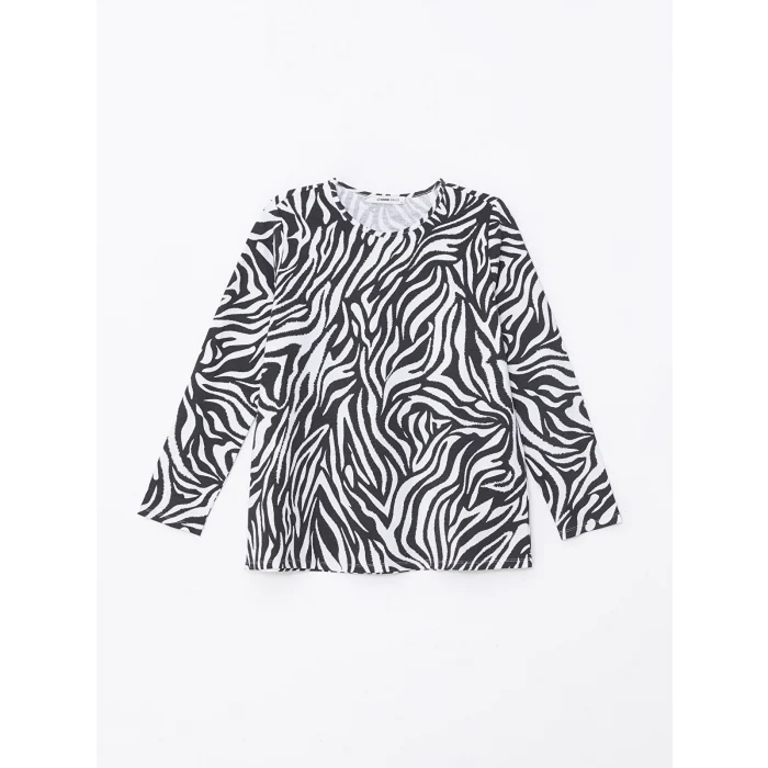 LCW Grace SİYAH Bisiklet Yaka Desenli Kadın Tişört