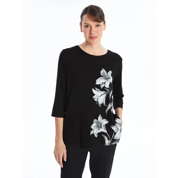 LCW Grace SİYAH Bisiklet Yaka Baskılı Kadın Tişört