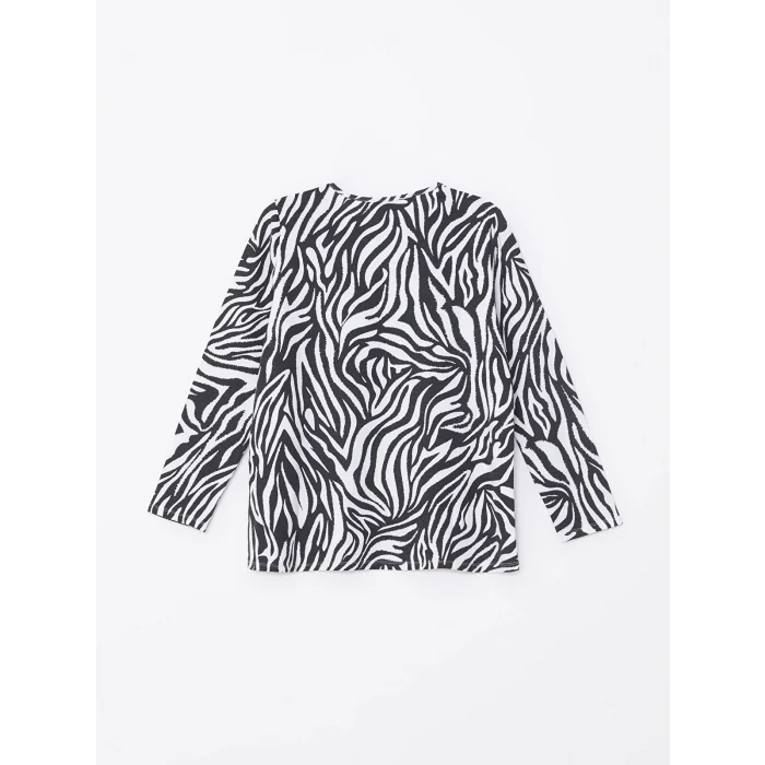 LCW Grace SİYAH Bisiklet Yaka Desenli Kadın Tişört