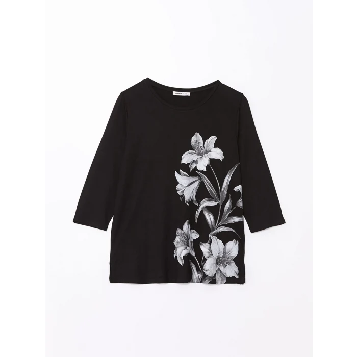 LCW Grace SİYAH Bisiklet Yaka Baskılı Kadın Tişört