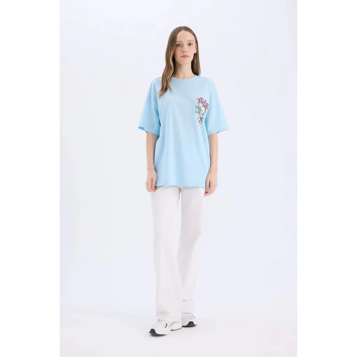 Defacto D9122 Mavi Coool SmileyWorld Oversize Geniş Kalıp Bisiklet Yaka Baskılı Kısa Kollu Tişört