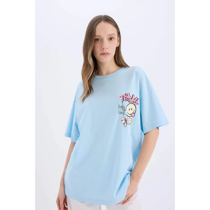Defacto D9122 Mavi Coool SmileyWorld Oversize Geniş Kalıp Bisiklet Yaka Baskılı Kısa Kollu Tişört