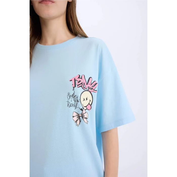 Defacto D9122 Mavi Coool SmileyWorld Oversize Geniş Kalıp Bisiklet Yaka Baskılı Kısa Kollu Tişört