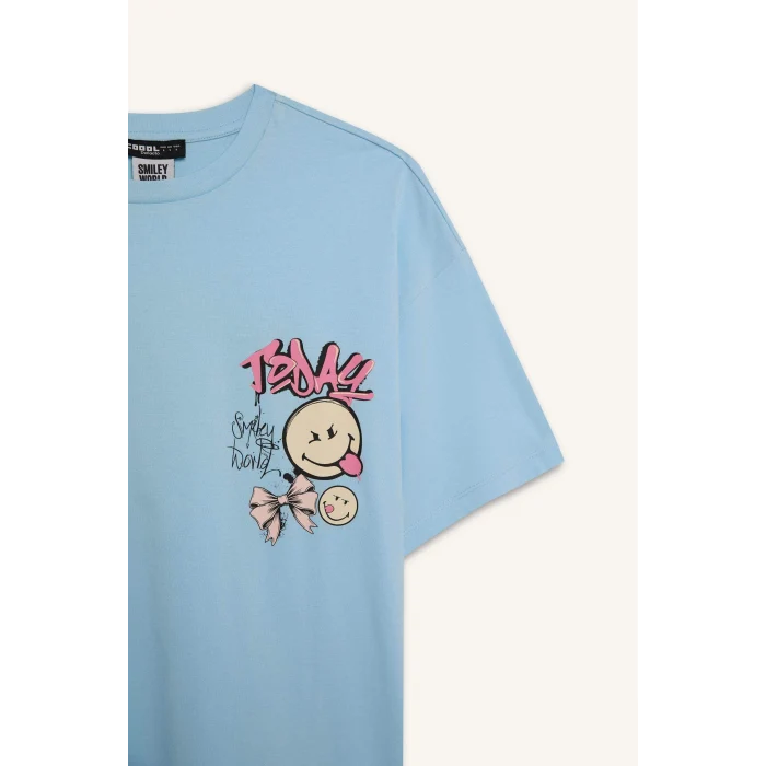 Defacto D9122 Mavi Coool SmileyWorld Oversize Geniş Kalıp Bisiklet Yaka Baskılı Kısa Kollu Tişört