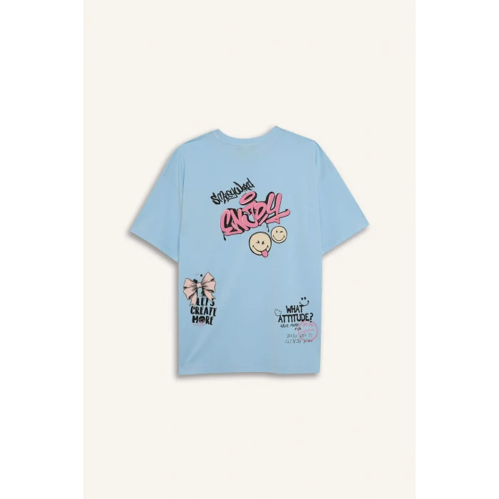 Defacto D9122 Mavi Coool SmileyWorld Oversize Geniş Kalıp Bisiklet Yaka Baskılı Kısa Kollu Tişört