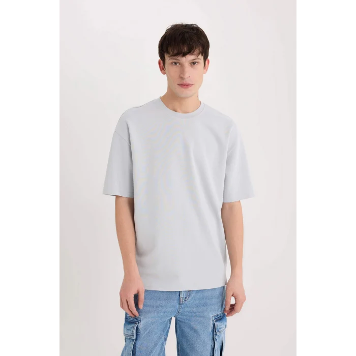 Defacto X3926 Gri Oversize Geniş Kalıp Ütü Gerektirmeyen Bisiklet Yaka Kısa Kollu Basic Düz Ağır Kumaş Tişört