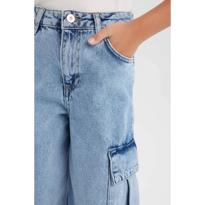 Defacto D9694 Mavi Kız Çocuk Wide Leg Kargo Geniş Paça Pamuklu Jean Pantolon