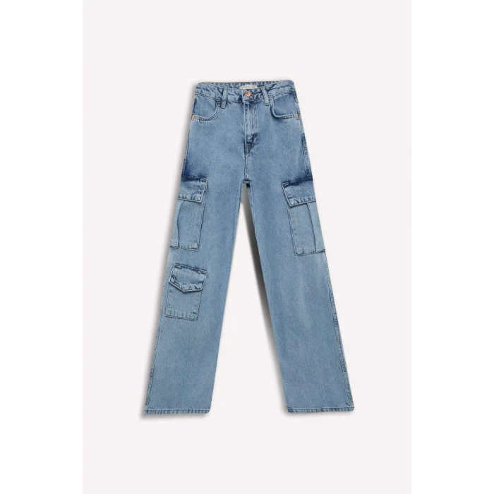 Defacto D9694 Mavi Kız Çocuk Wide Leg Kargo Geniş Paça Pamuklu Jean Pantolon