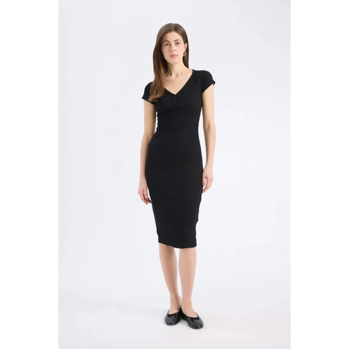 Defacto E7368 Siyah Bodycon Vücudu Saran V Yaka Fitilli Kaşkorse Kısa Kollu Midi Elbise