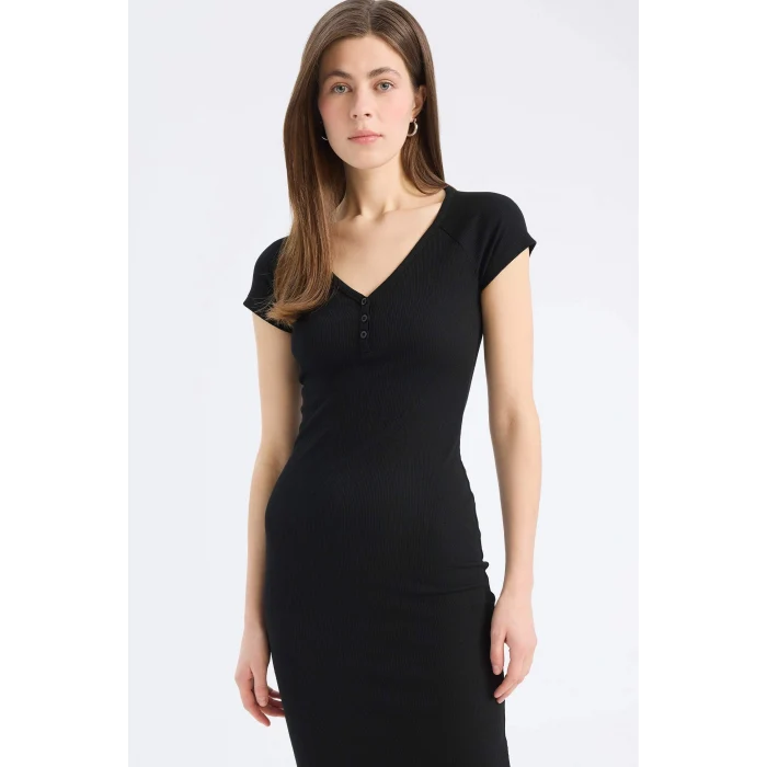Defacto E7368 Siyah Bodycon Vücudu Saran V Yaka Fitilli Kaşkorse Kısa Kollu Midi Elbise