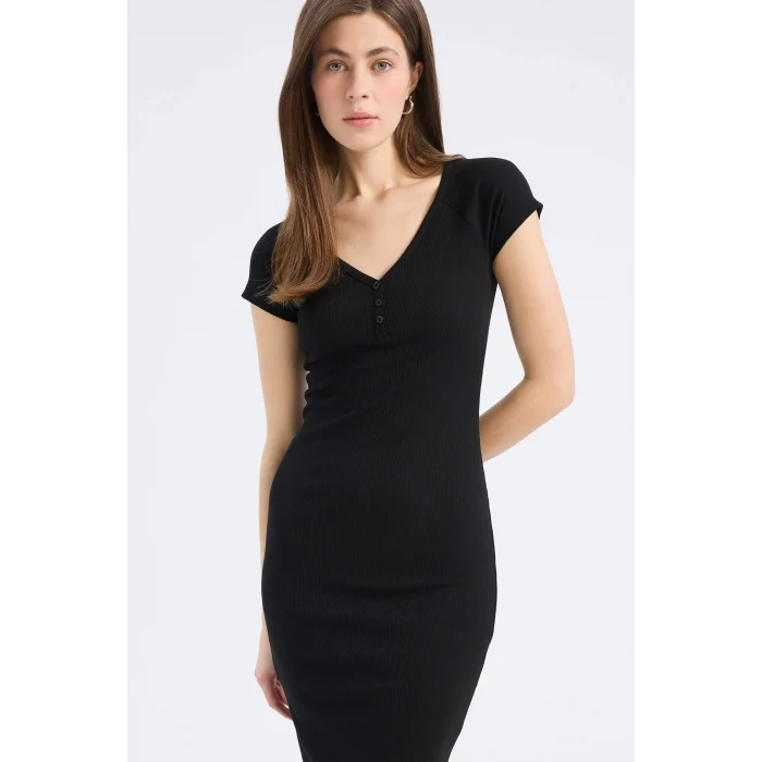 Defacto E7368 Siyah Bodycon Vücudu Saran V Yaka Fitilli Kaşkorse Kısa Kollu Midi Elbise