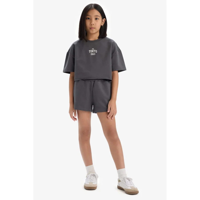 Defacto E0730 Antrasit Kız Çocuk 2li Takım Baskılı Kısa Kollu Tişört Şort