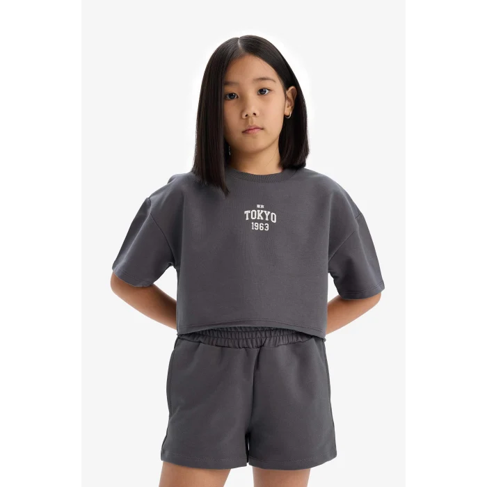 Defacto E0730 Antrasit Kız Çocuk 2li Takım Baskılı Kısa Kollu Tişört Şort