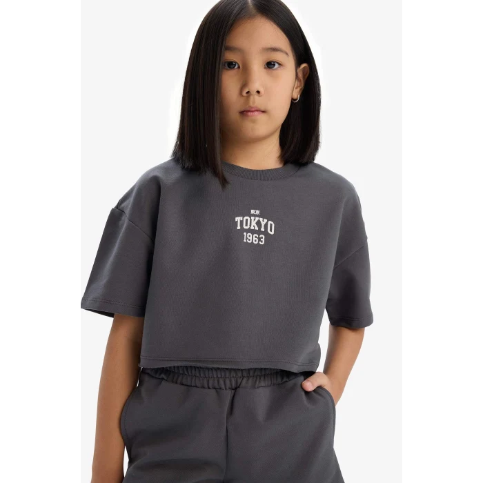 Defacto E0730 Antrasit Kız Çocuk 2li Takım Baskılı Kısa Kollu Tişört Şort