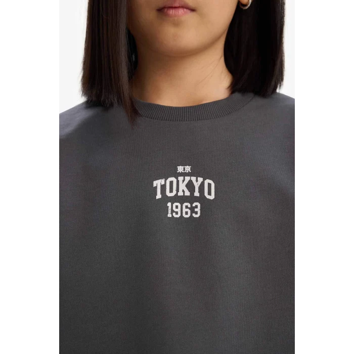 Defacto E0730 Antrasit Kız Çocuk 2li Takım Baskılı Kısa Kollu Tişört Şort