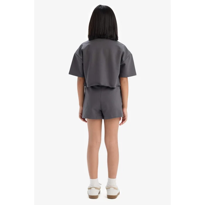 Defacto E0730 Antrasit Kız Çocuk 2li Takım Baskılı Kısa Kollu Tişört Şort