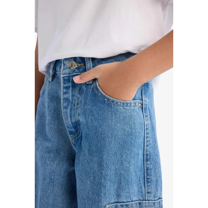 Defacto D9695 Mavi Kız Çocuk Wide Leg Kargo Geniş Bol Paça Jean Pantolon