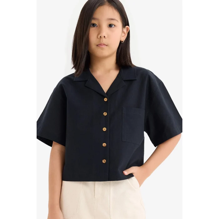Defacto D7638 Siyah Kız Çocuk Cropped Fit Keten Kısa Kollu Gömlek