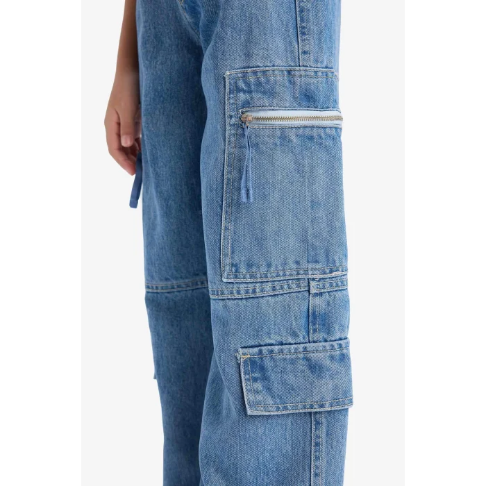 Defacto D9695 Mavi Kız Çocuk Wide Leg Kargo Geniş Bol Paça Jean Pantolon