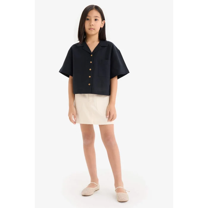 Defacto D7638 Siyah Kız Çocuk Cropped Fit Keten Kısa Kollu Gömlek