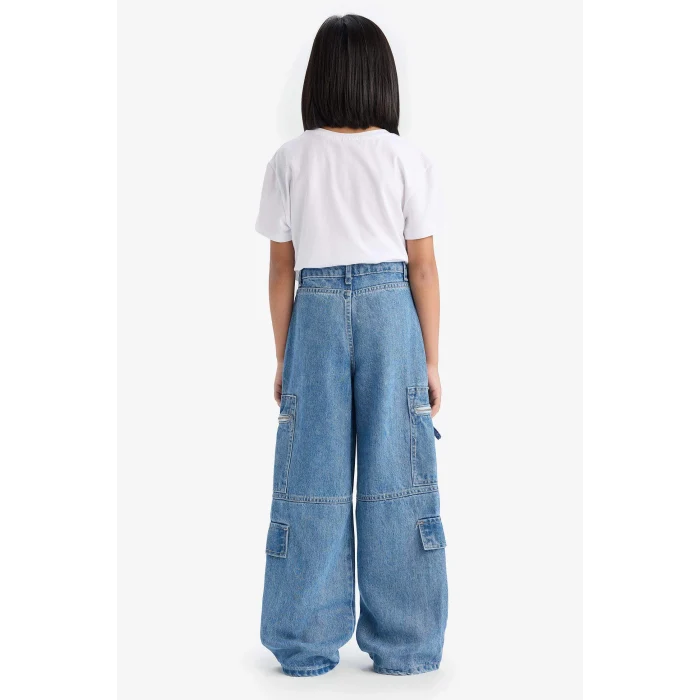 Defacto D9695 Mavi Kız Çocuk Wide Leg Kargo Geniş Bol Paça Jean Pantolon