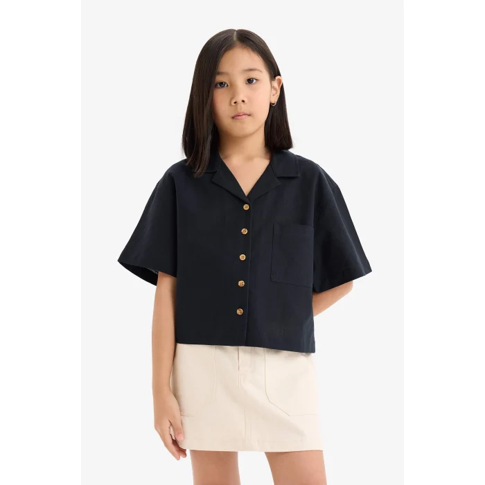Defacto D7638 Siyah Kız Çocuk Cropped Fit Keten Kısa Kollu Gömlek