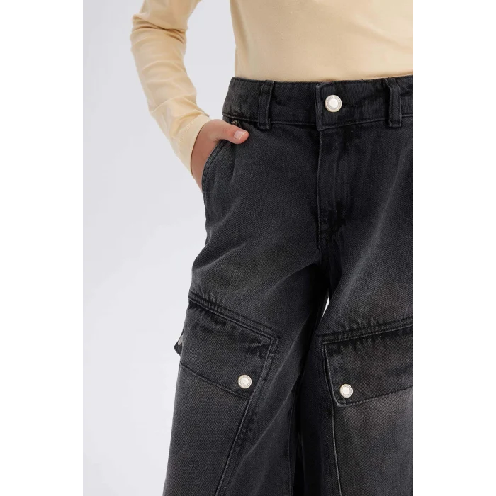 Defacto D9693 DENIM Kız Çocuk Wide Leg Kargo Geniş Paça Pamuklu Pantolon
