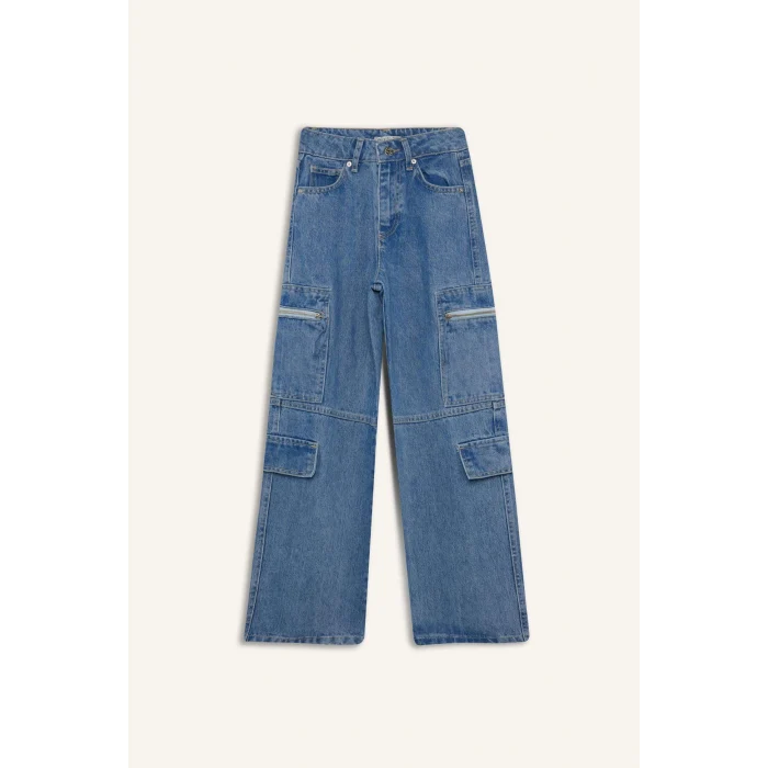 Defacto D9695 Mavi Kız Çocuk Wide Leg Kargo Geniş Bol Paça Jean Pantolon