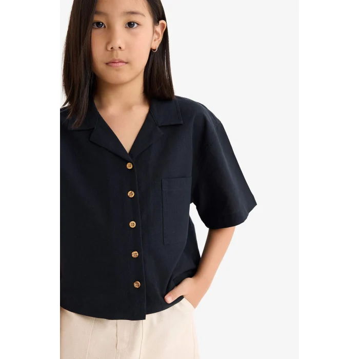 Defacto D7638 Siyah Kız Çocuk Cropped Fit Keten Kısa Kollu Gömlek